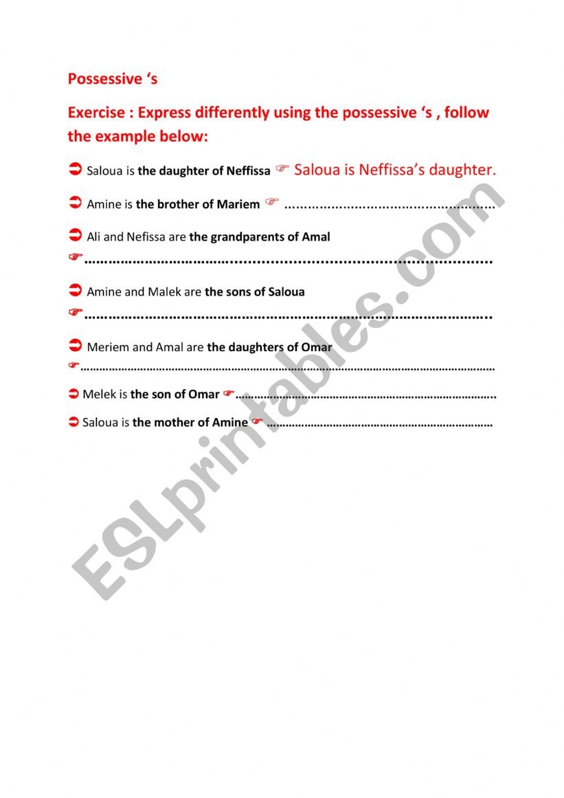 Possessive �s  worksheet