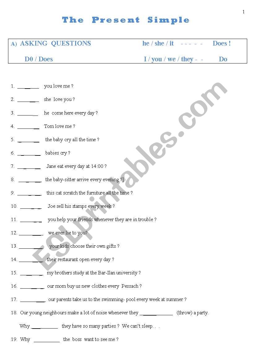 Present Simple- 3 pages- Positive, Negative, Yes/No Q