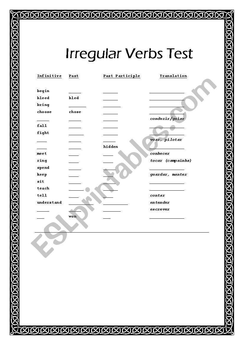 Irregular verbs test worksheet