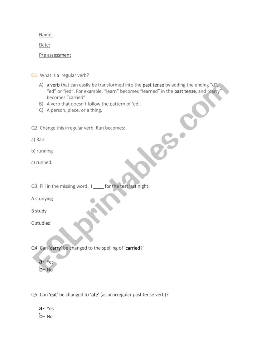 Irregular verbs E3 Pre and post assesment starter