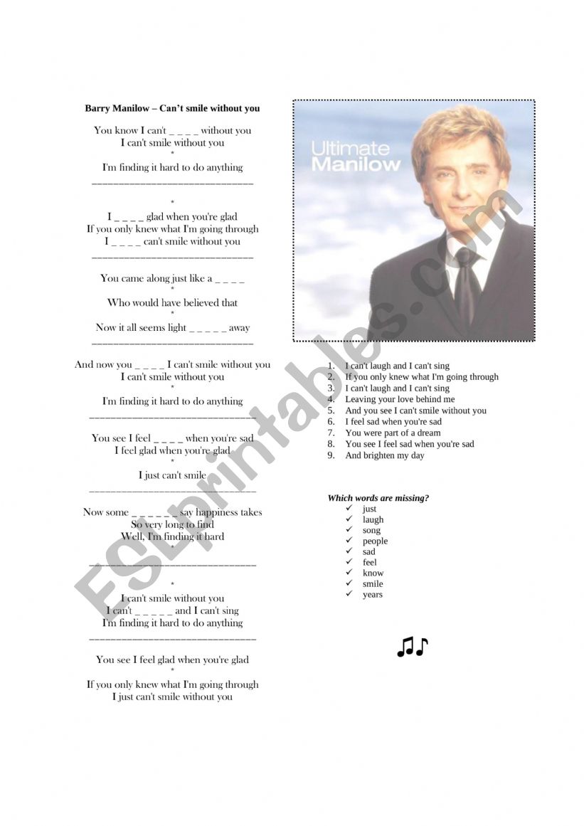 Canï¿½t Smile Without You  worksheet
