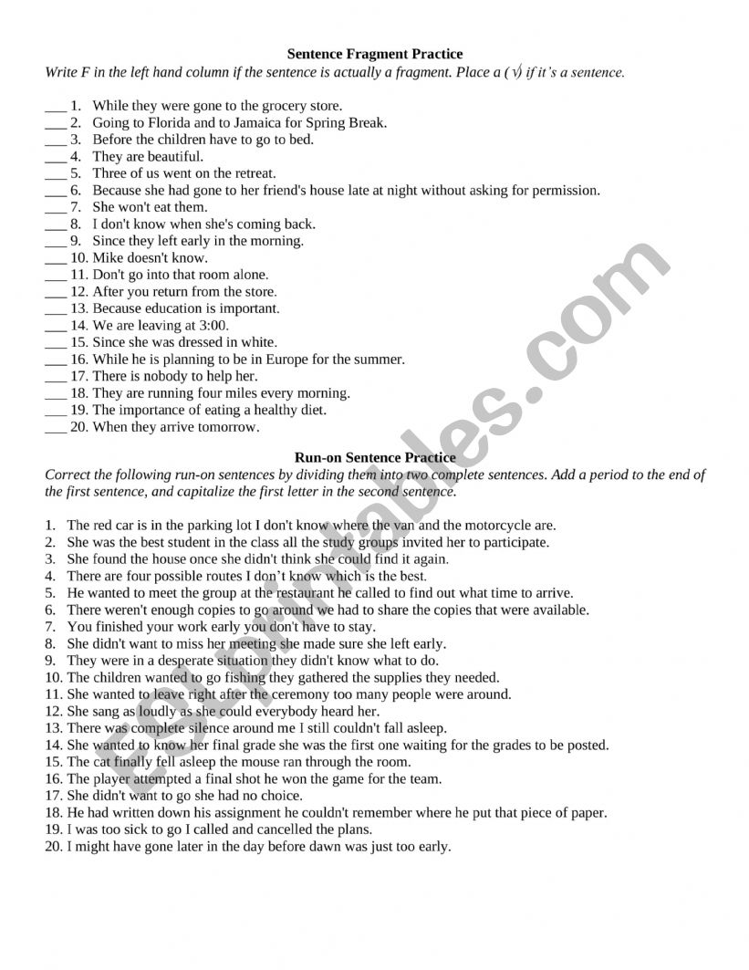 Fragments Run On worksheet