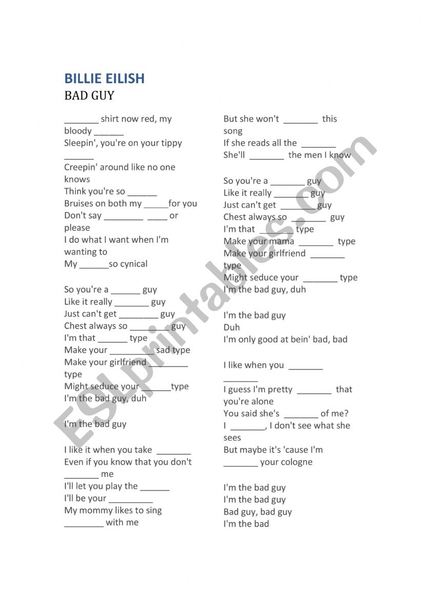 Billie Eilish - Bad guy. worksheet