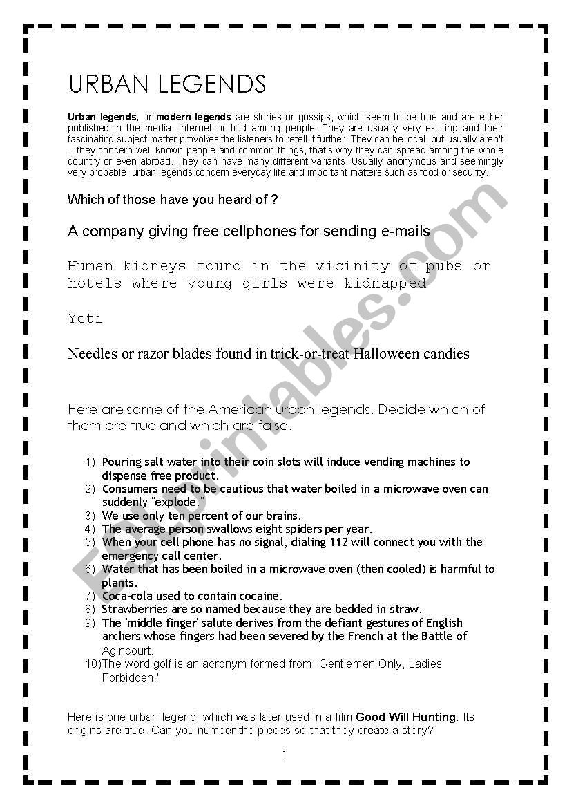 Urban Legends worksheet