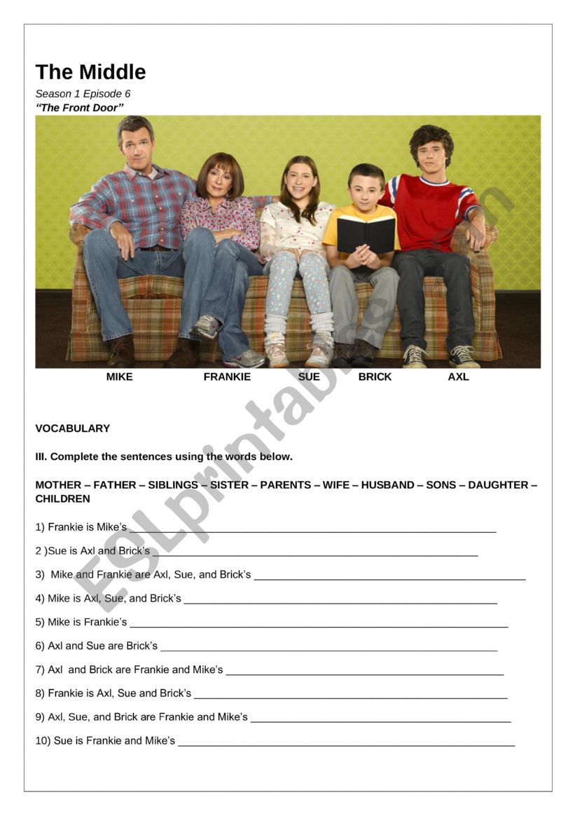 THE MIDDLE worksheet