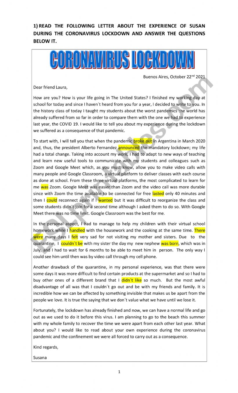 CORONAVIRUS LOCKDOWN worksheet