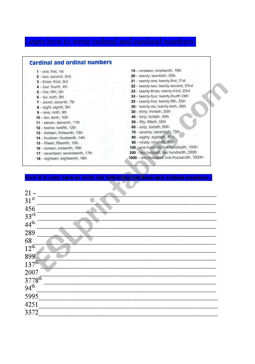 Ordinal and cardinal numbers worksheet