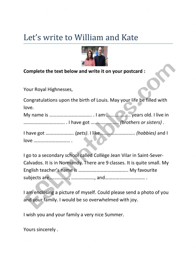 Writing to William and Kate worksheet