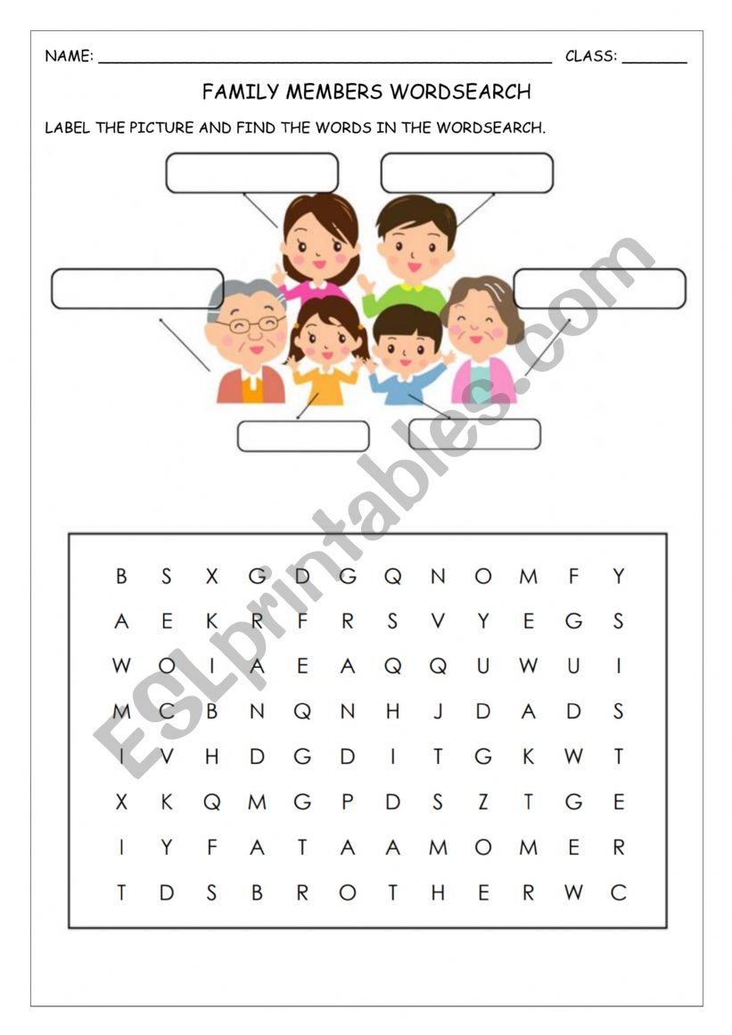 Family members wordsearch worksheet