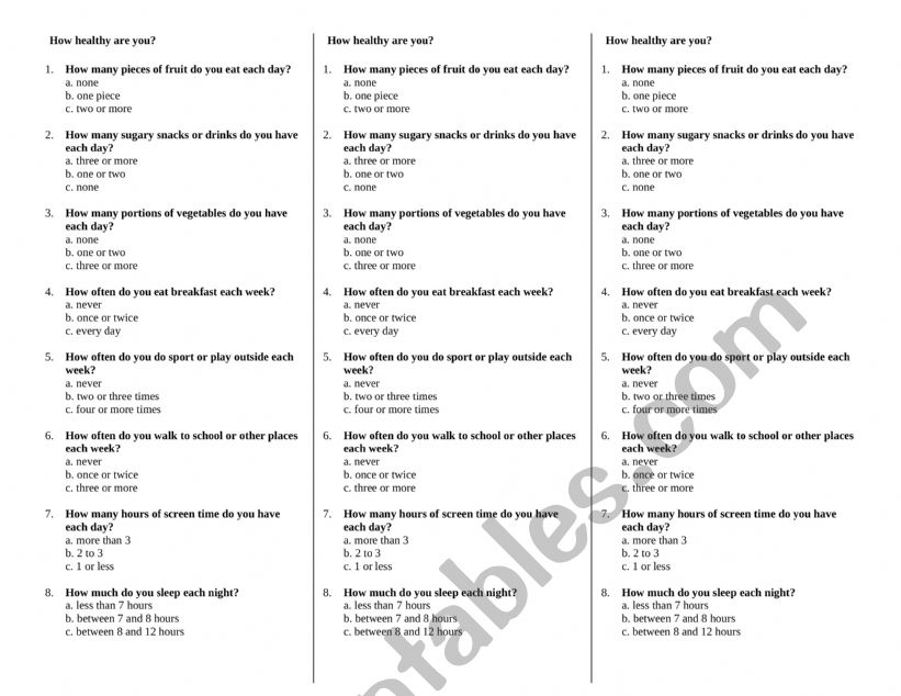 Health test worksheet