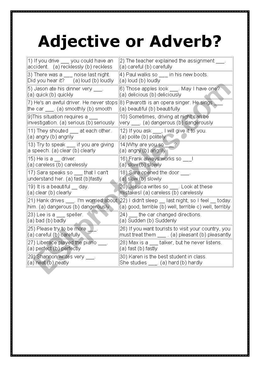 Adjective or Adverb worksheet