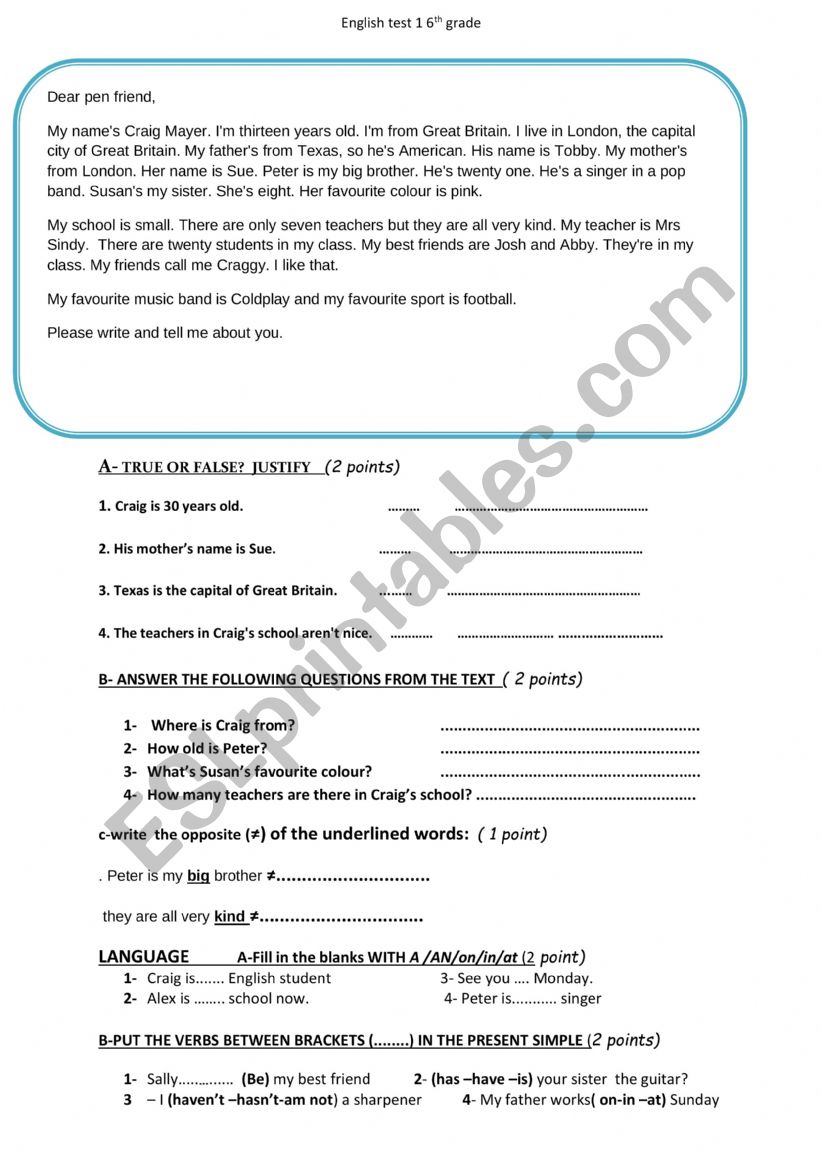 test worksheet