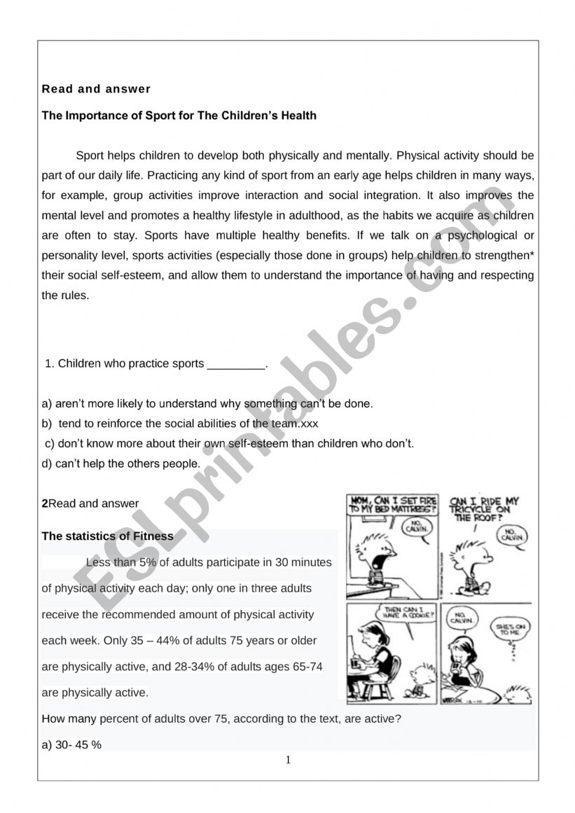 Readind and comprehension worksheet