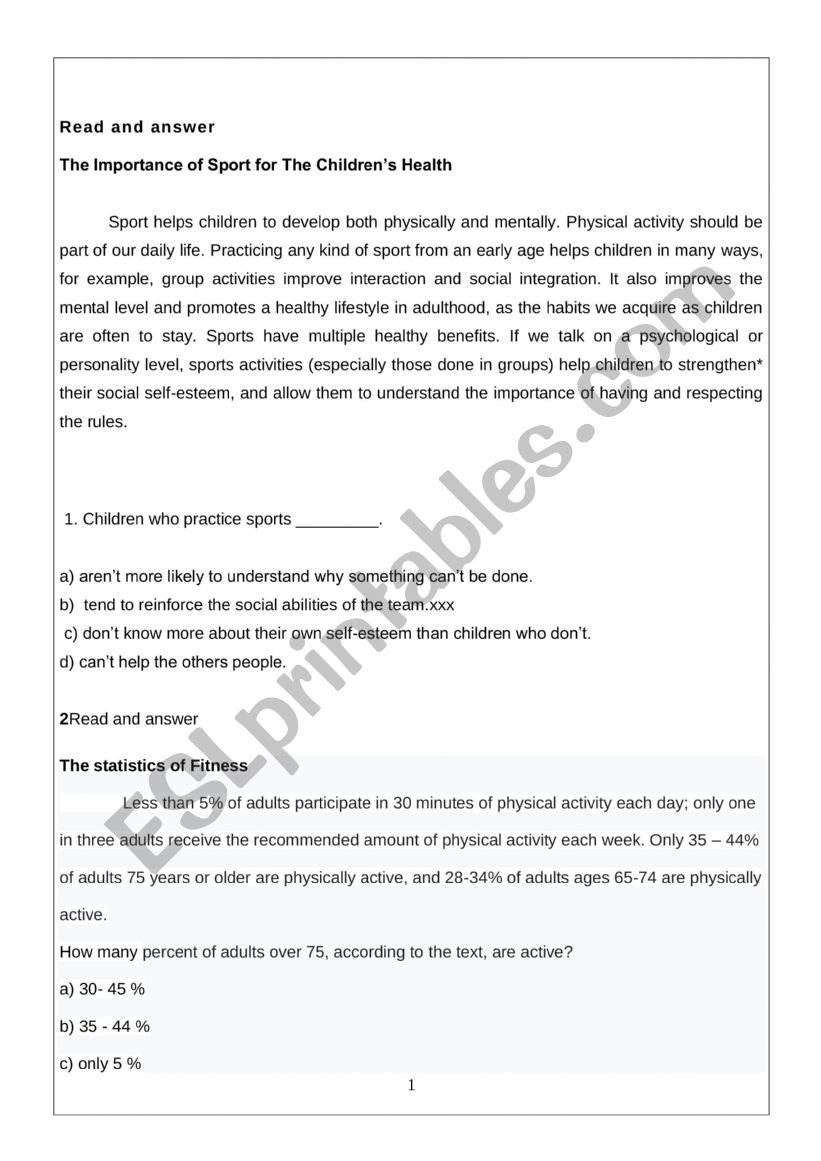 reading test worksheet