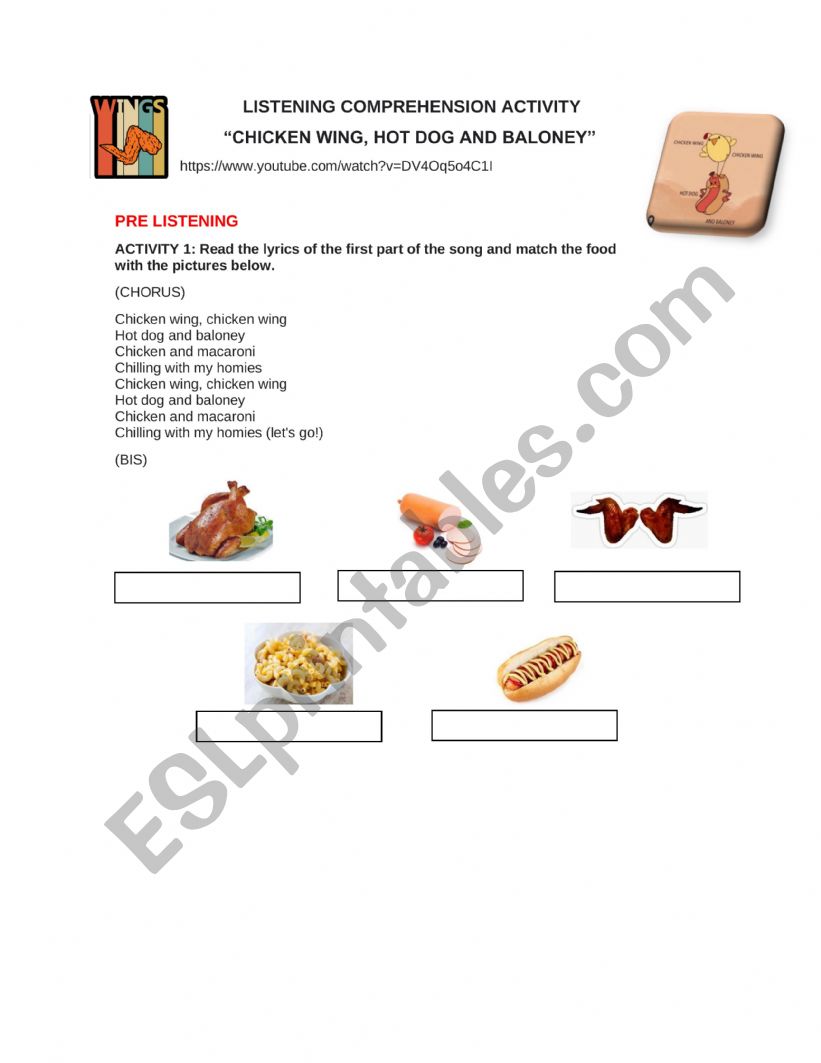 Listening Chicken wings worksheet