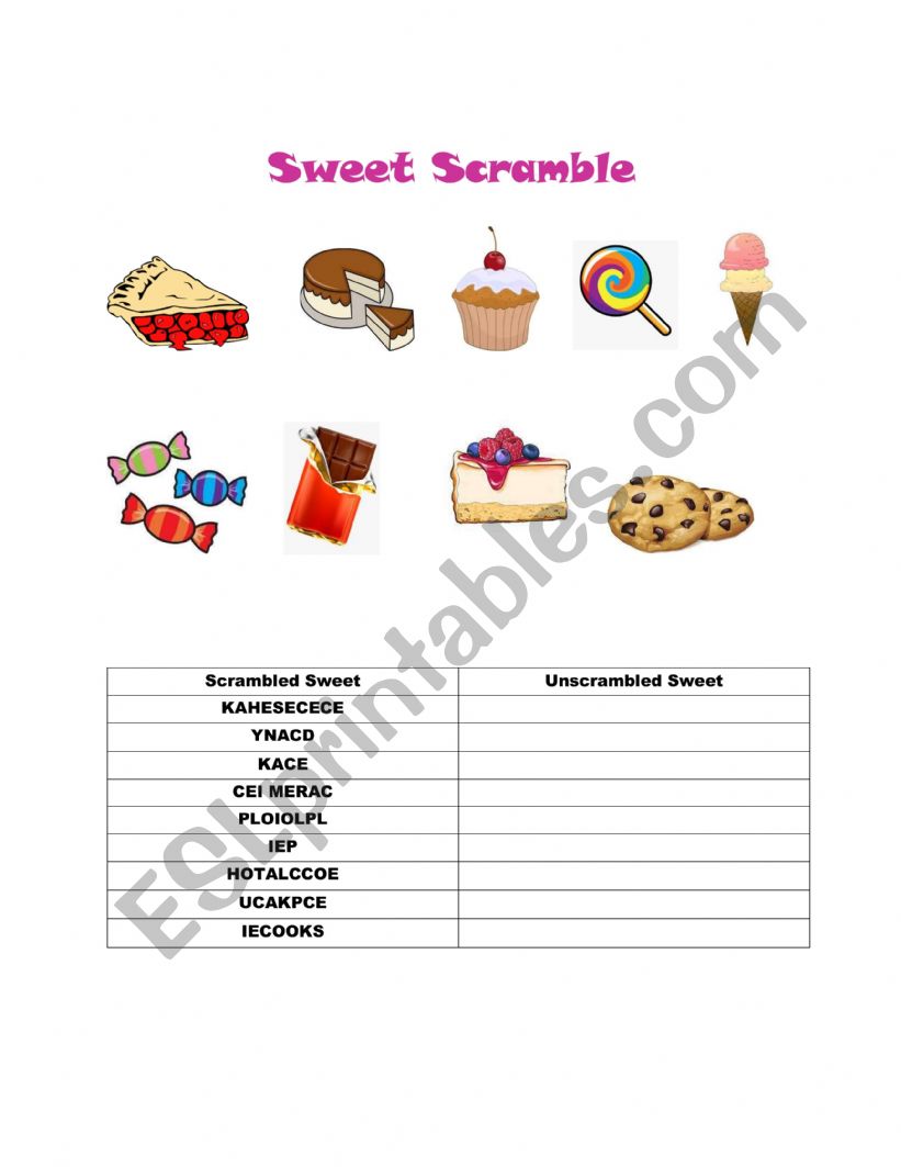 Sweets Word Scramble worksheet