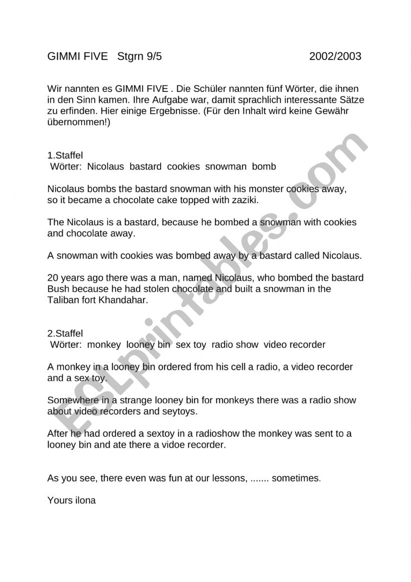 Gimmi Five worksheet