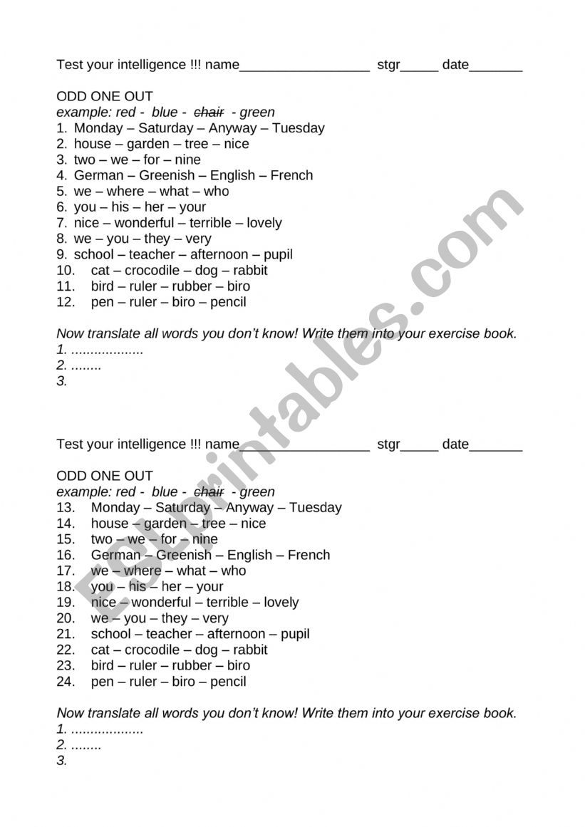 Test your intelligence worksheet