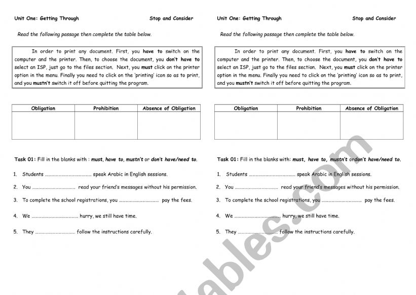 Obligation worksheet