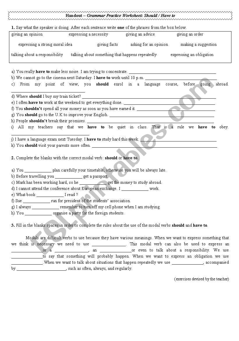 Grammar Worksheet - Should and Have to