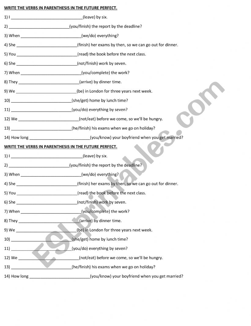 Future perfect worksheet