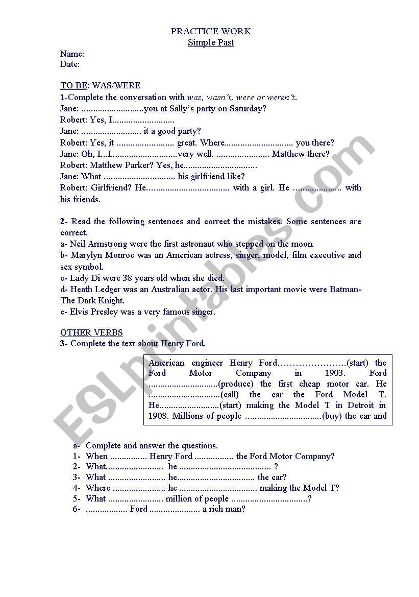 SIMPLE PAST PRACTICE WORK worksheet