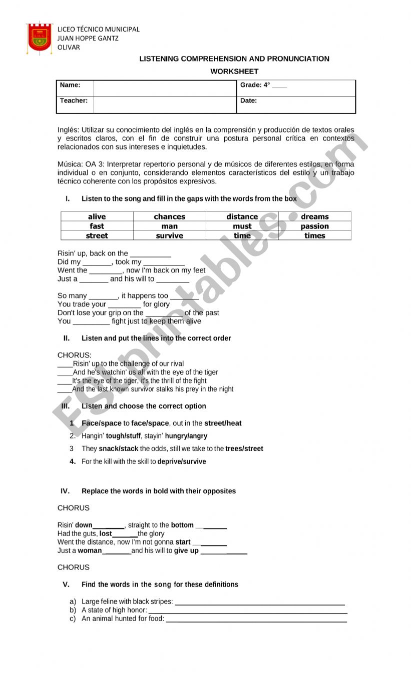 eye of the tiger worksheet