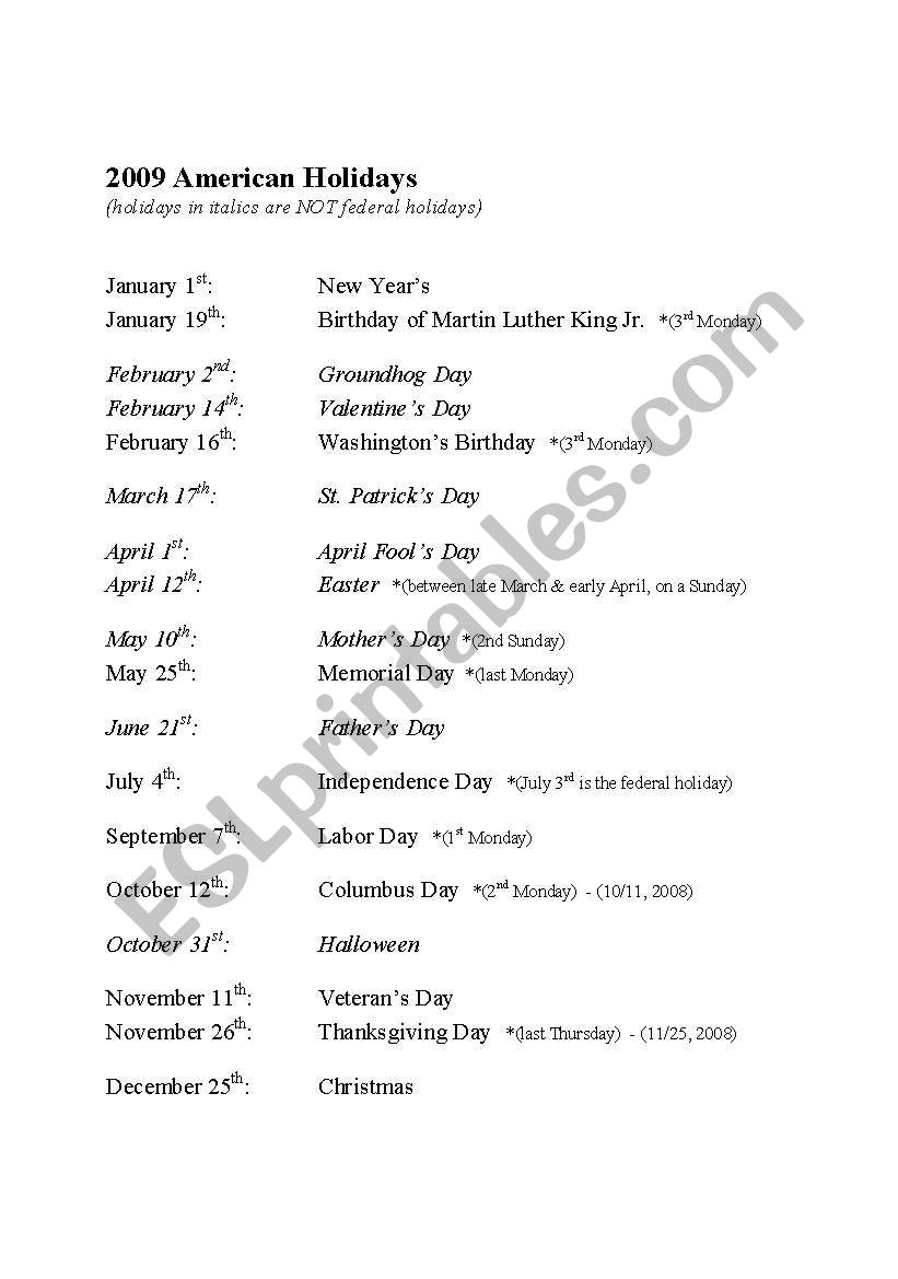 2009 American Holidays  (days, months, dates)