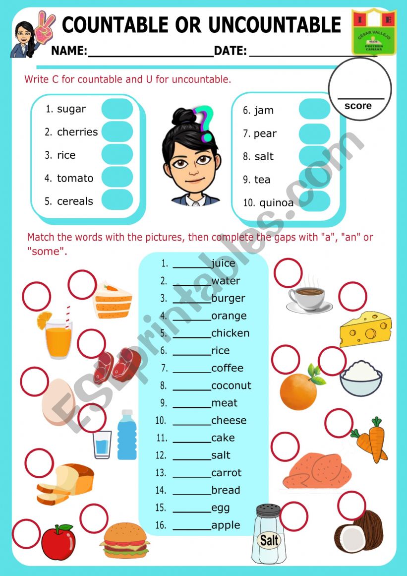 COUNTABLE OR UNCOUNTABLE worksheet
