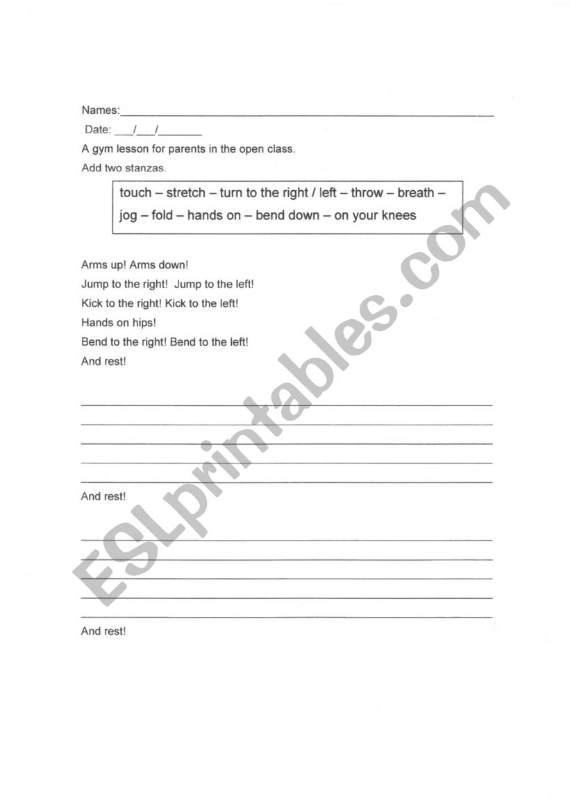 A gym lesson worksheet