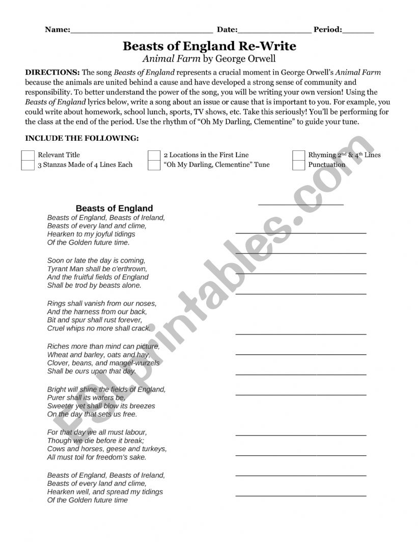English worksheets: Animal Farm Beasts of England make your own song English worksheets: Animal Farm Beasts of England make your own song