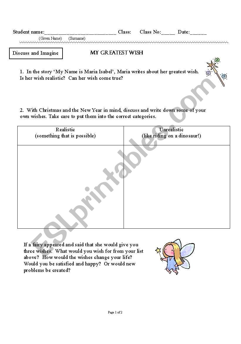 My Greatest Wish worksheet