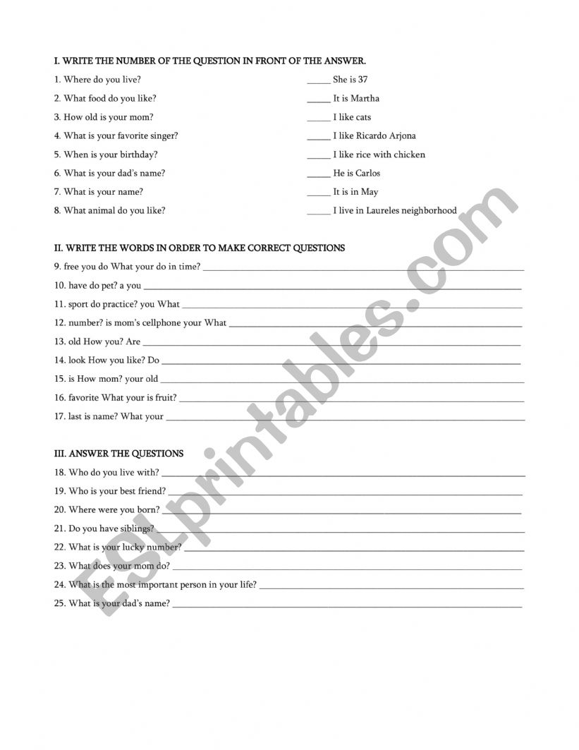 Personal Information test worksheet