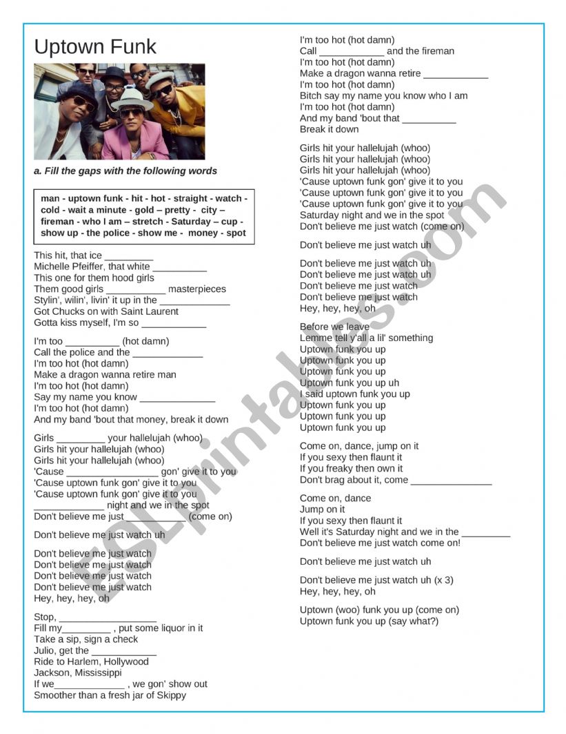 Uptown Funk worksheet