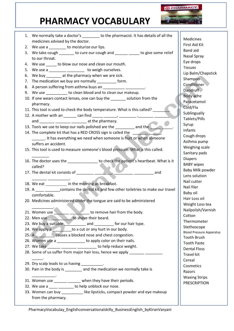 English worksheets PHARMACY VOCABULARY