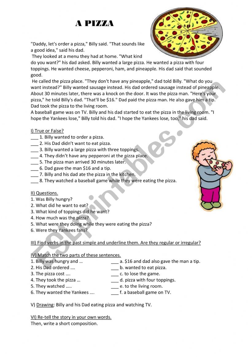 Pizza Reading Comprehension worksheet