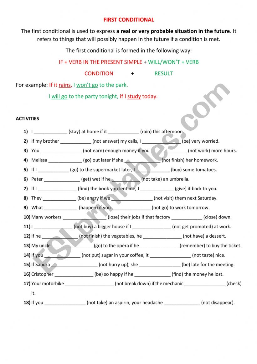 First Conditional Worksheet worksheet