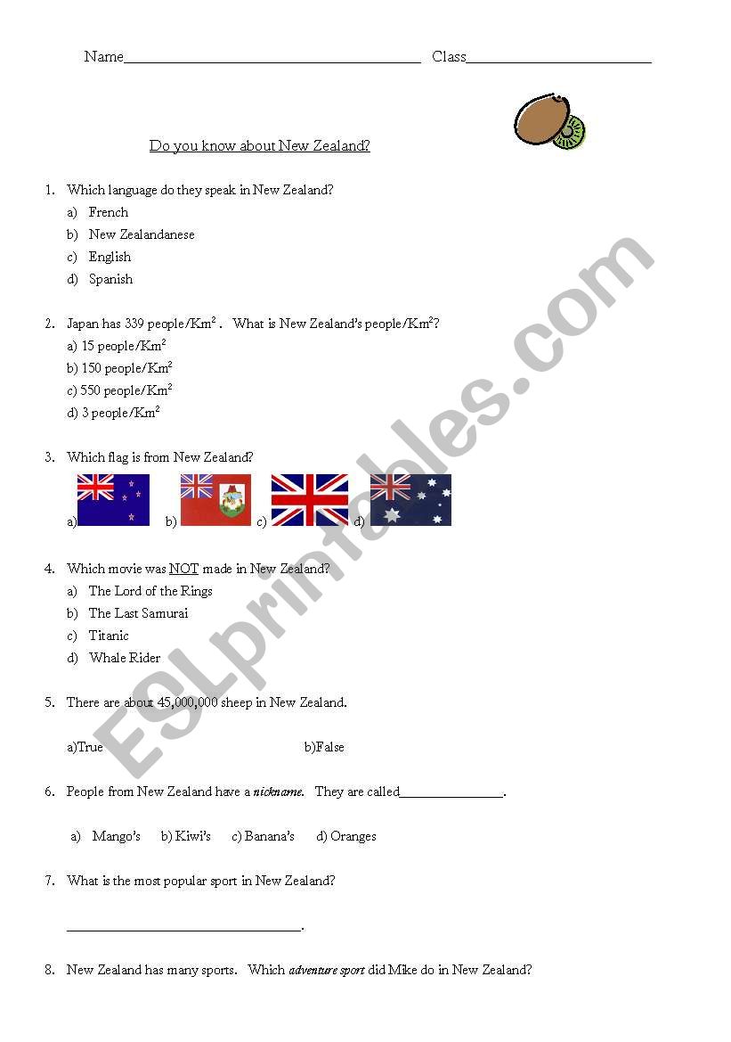 New Zealand Quiz worksheet