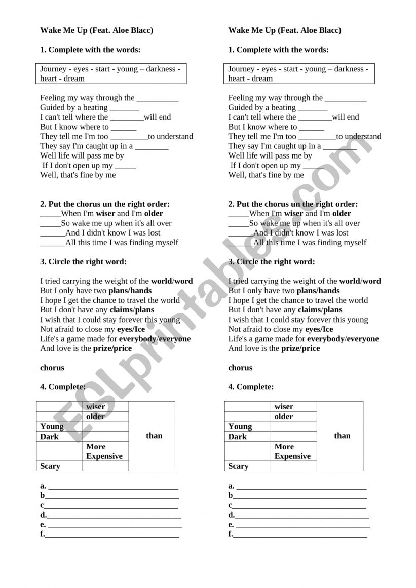 Wake Me Up (Feat. Aloe Blacc) worksheet