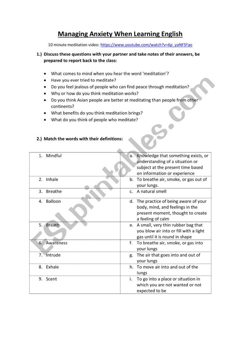 Meditation exercise esl intermediate