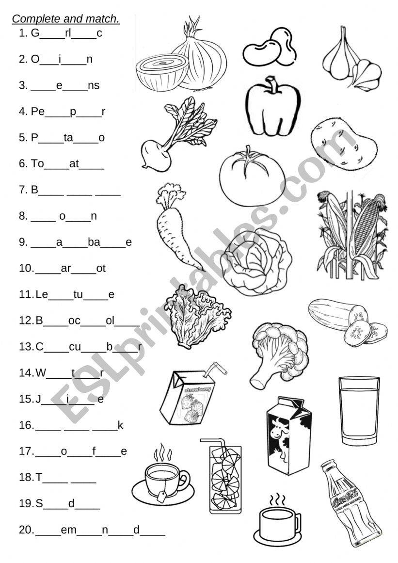 Vegetables and Drinks. worksheet