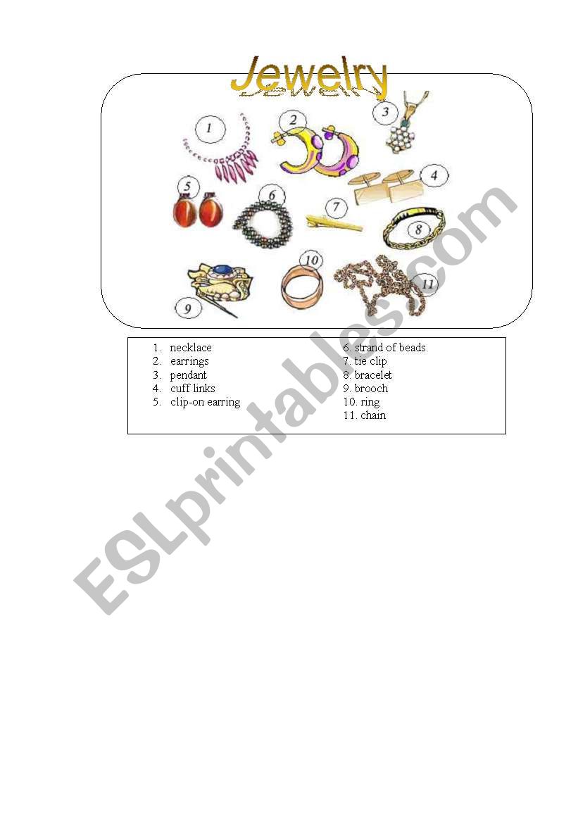 Jewellery. Picture Dictionary worksheet