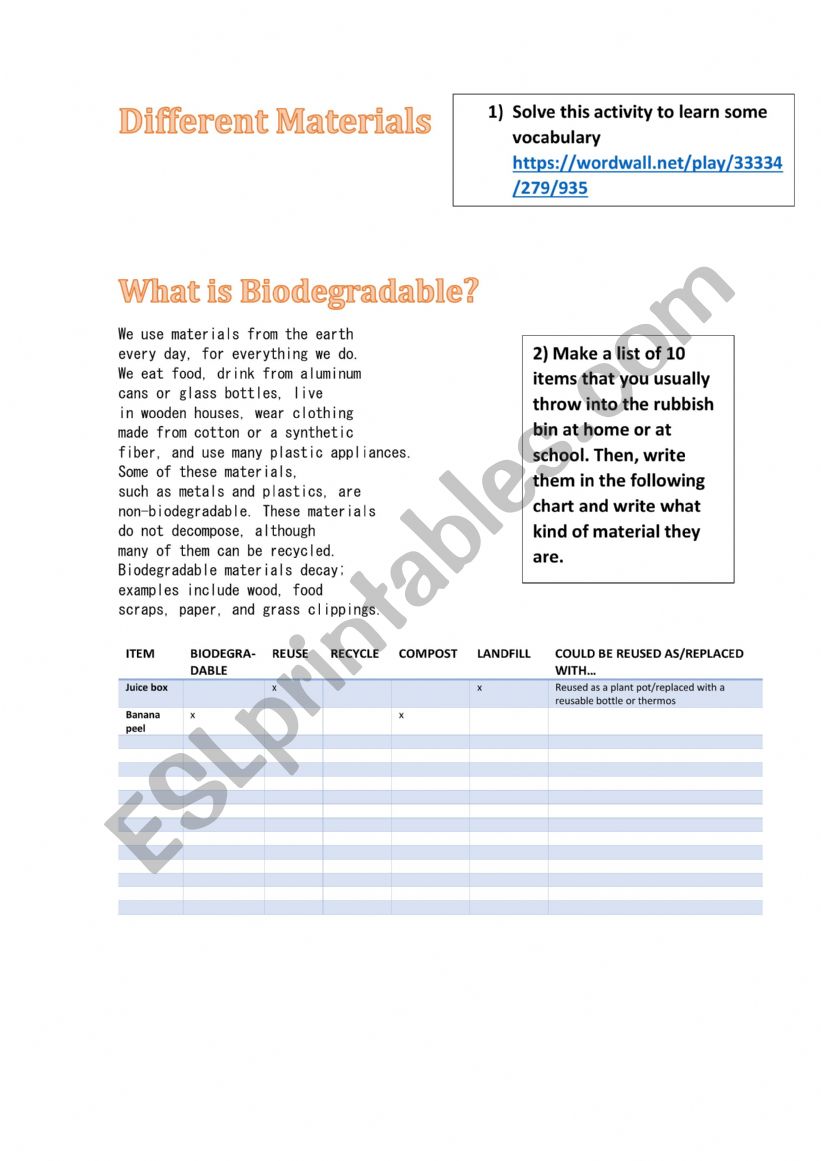 Biodegradable materials worksheet
