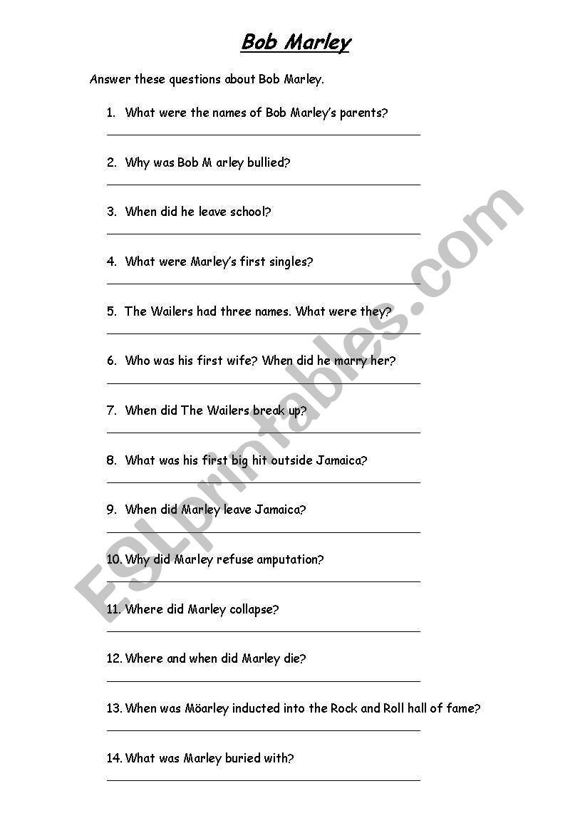 Bob Marley worksheet