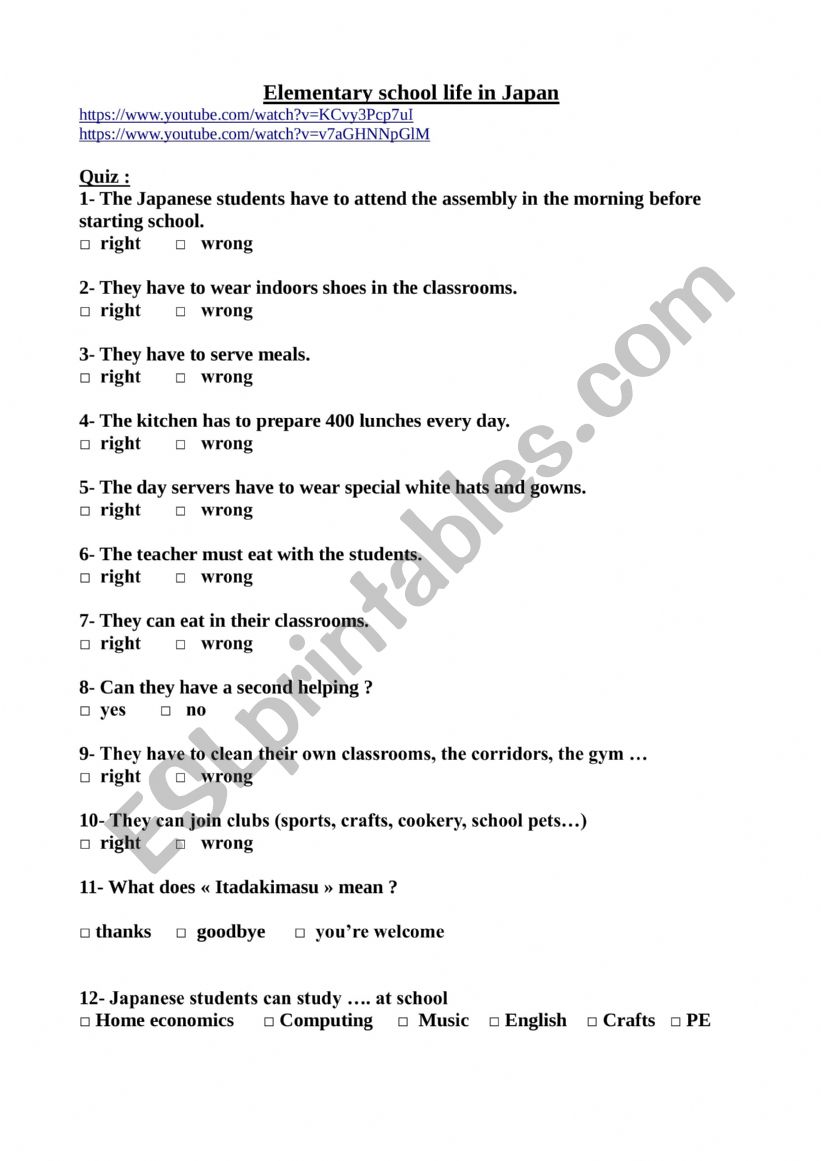 elementary school in Japan worksheet