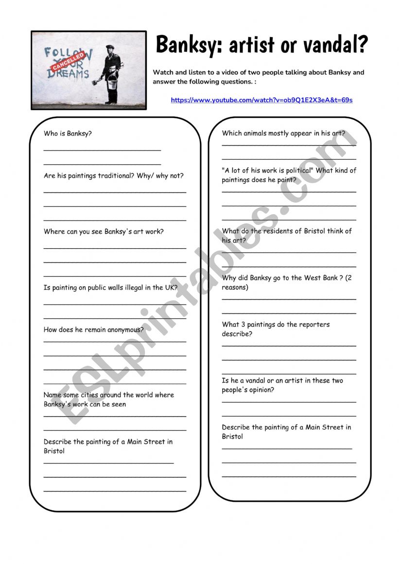 Banksy video comprehension worksheet