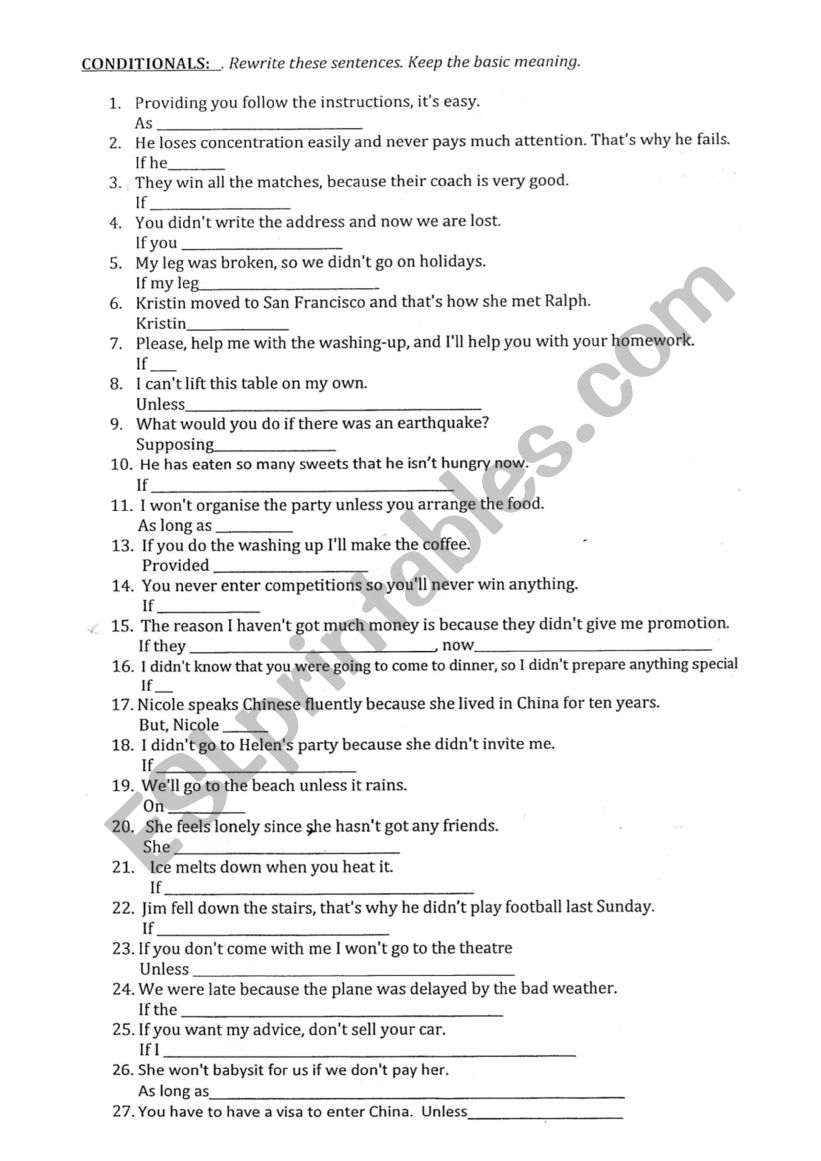 Rephrasing conditionals worksheet