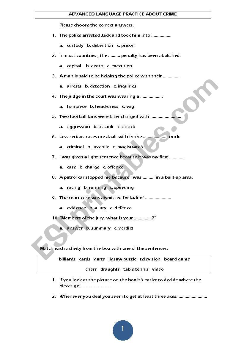Crime vocabulary test for Advanced learners with key
