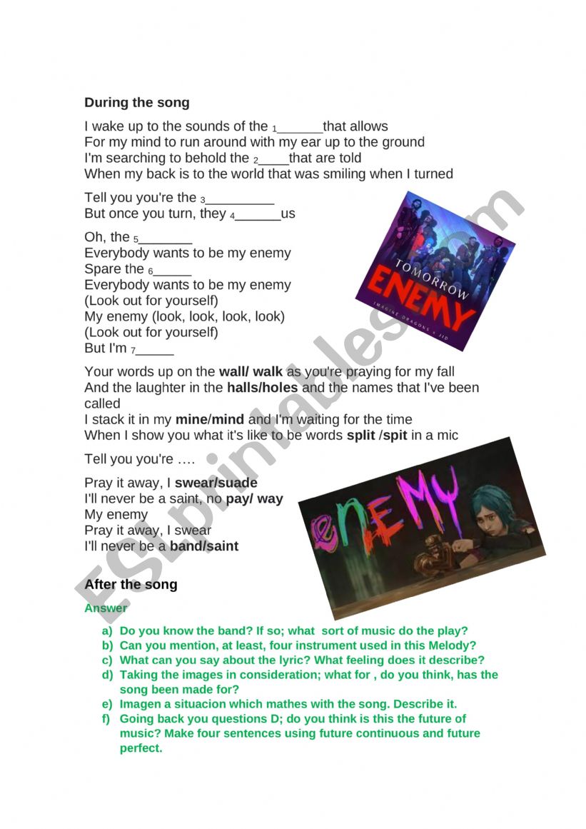 English worksheets: My enemy (Imagine Dragon song)