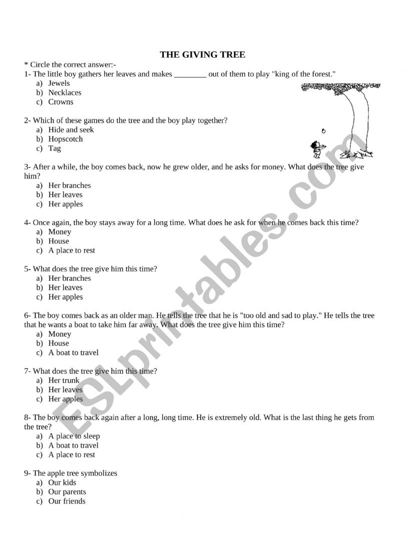 The giving tree worksheet